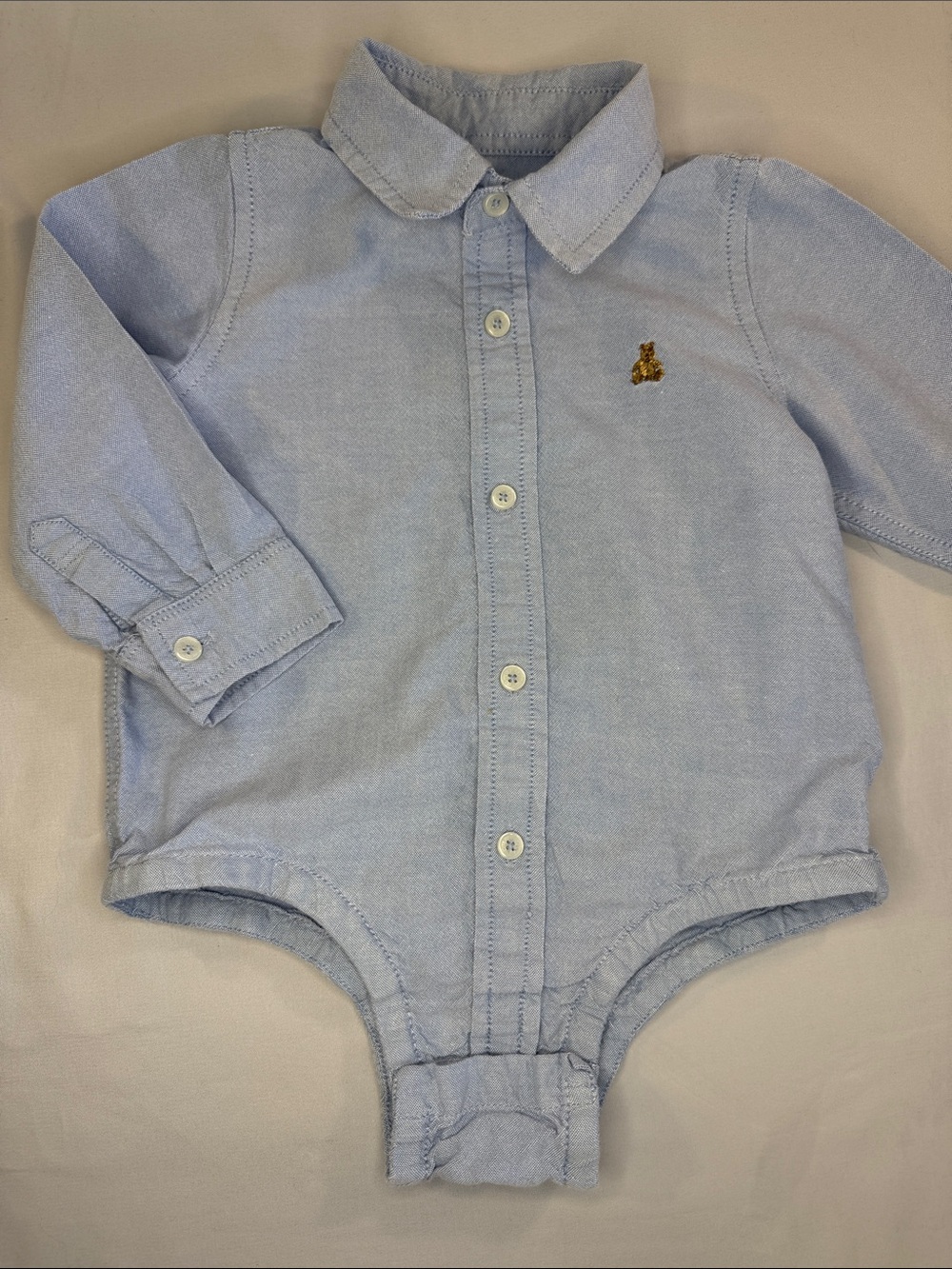 GAP Light Blue Oxford Button-Front One-Piece with Bear Motif